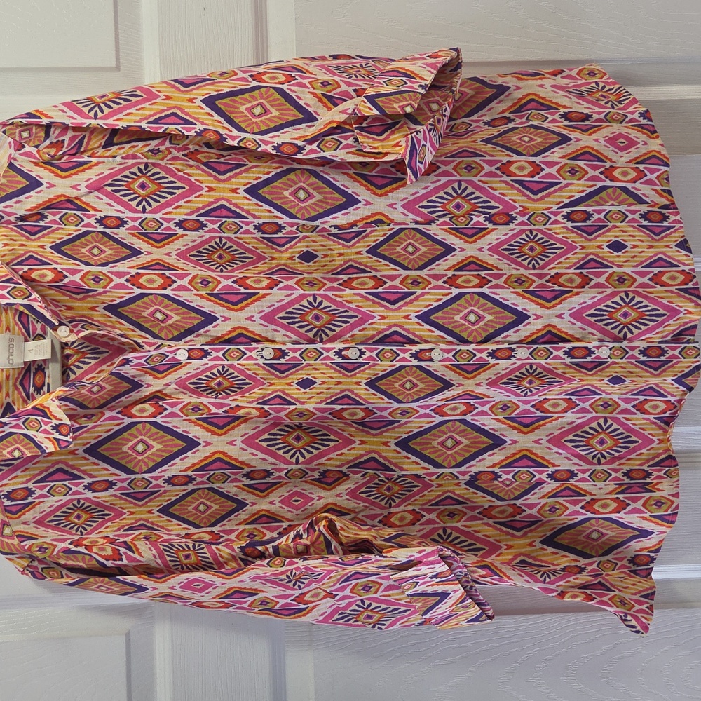 Chico's Multicolor Print Button Down Linen Shirt - image 3